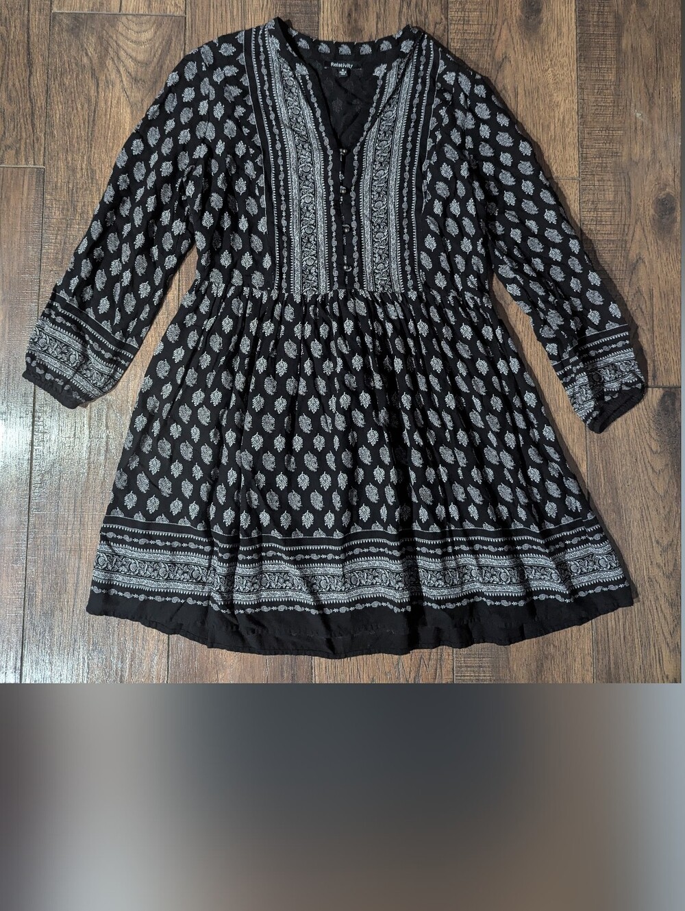 Relativity Women's Black & Gray Bohemian Floral Mini Flare Dress Tunic Buttons S